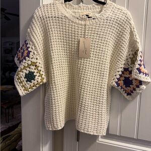 Universal Thread Cream Sweater with Colorful Crochet Sleeves